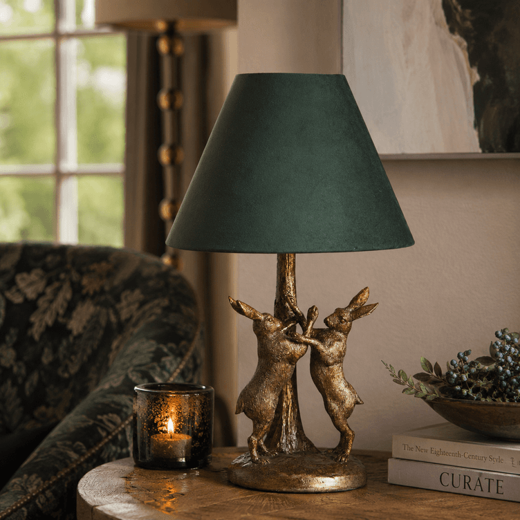 Antique Gold Marching Hares Lamp With Green Velvet Shade