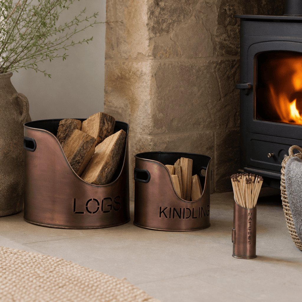 Copper Finish Logs And Kindling Buckets & Matchstick Holder