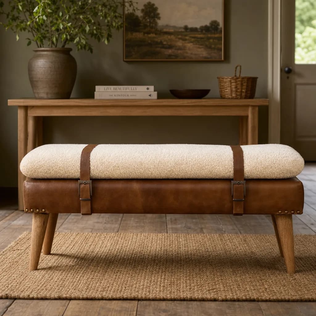 Bouclé Buffalo Hide Leather Bench