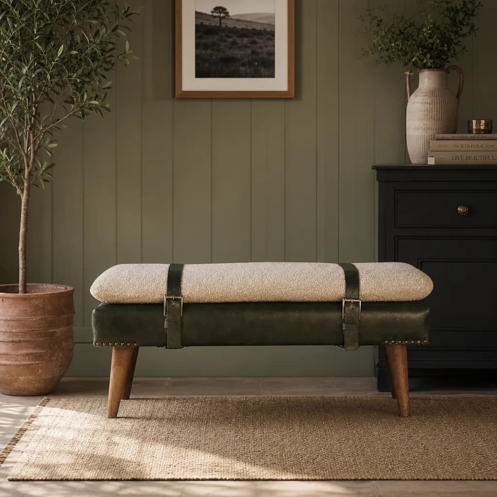 Bouclé Buffalo Hide Olive Green Leather Bench