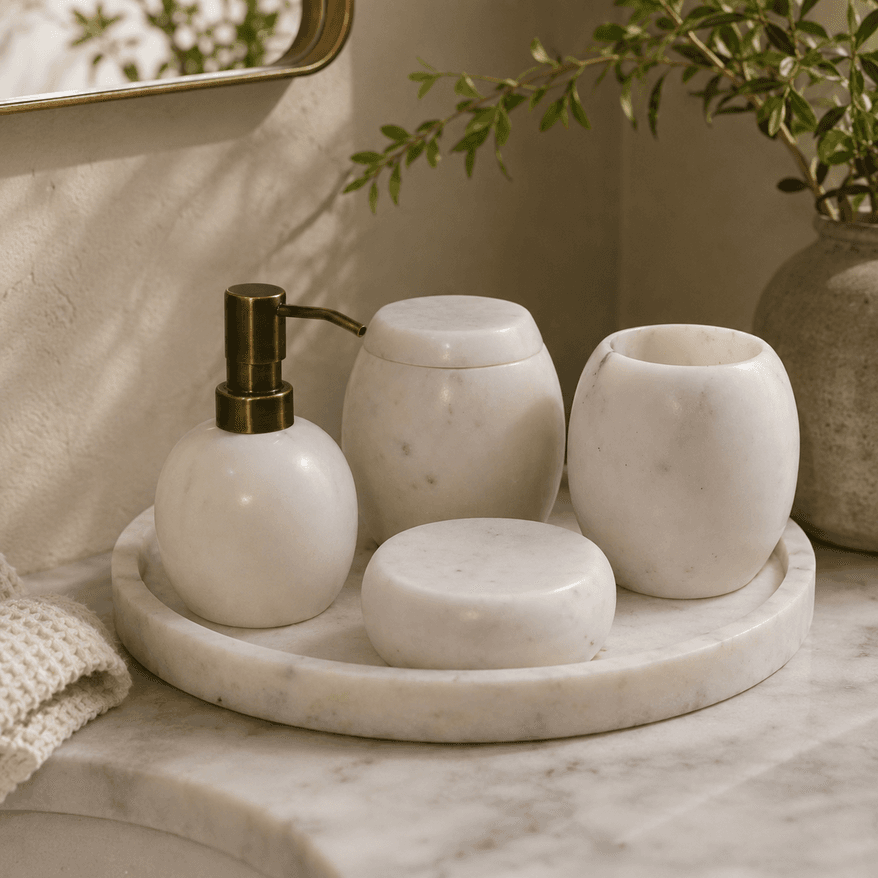 Set of 5 White Marble Bathroom Set