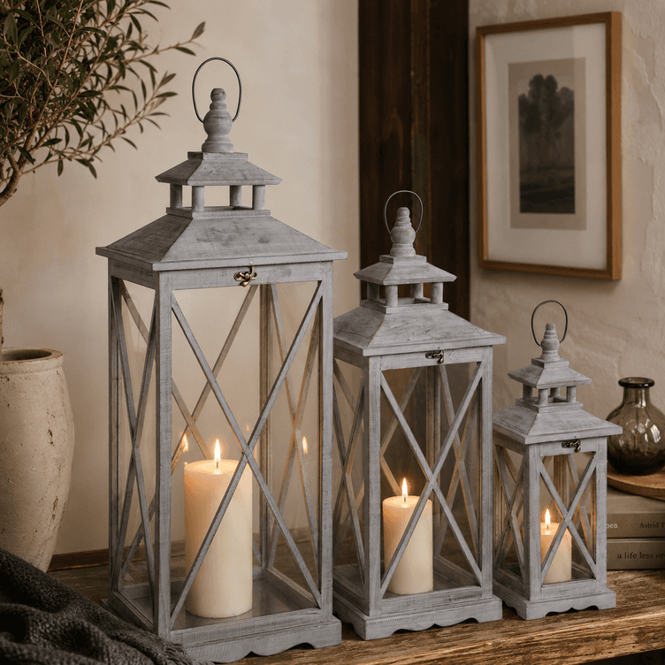 Set Of Three Wooden Lanterns With Traditional Cross Section