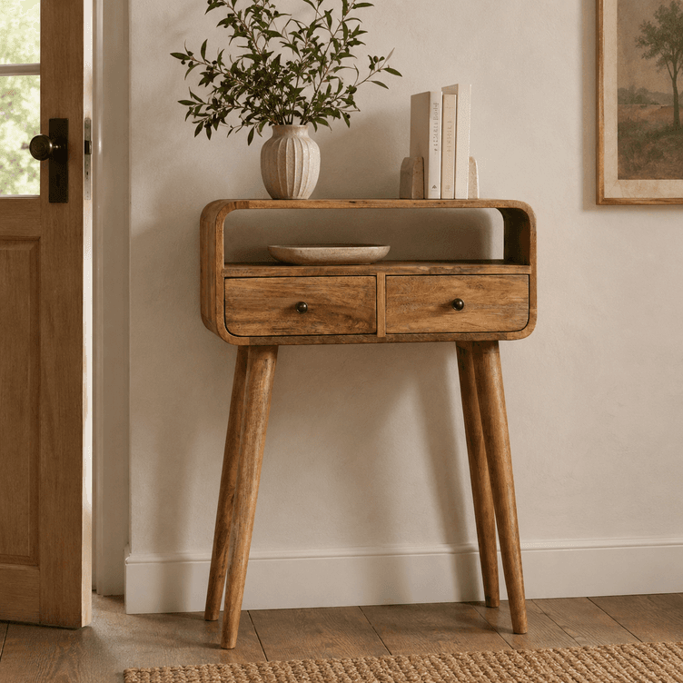 Mini Curved Oak-ish Console Table