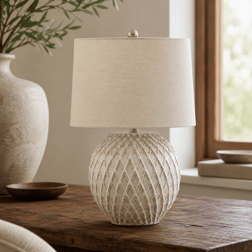 Lattice Ceramic Table Lamp With Linen Shade
