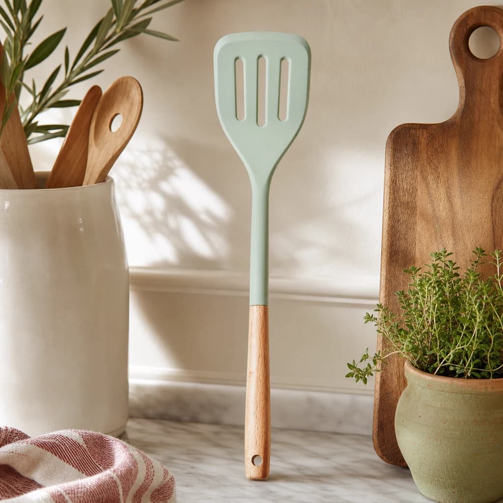 Nova Sage Green Silicone Slotted Turner With Wood Handle - Accessories, photo 1 of 2