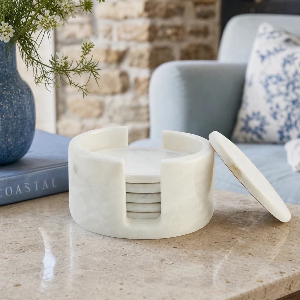 Kindia White Marble Set Of Six Round Coasters with Holder - Decorative, photo 1 of 6