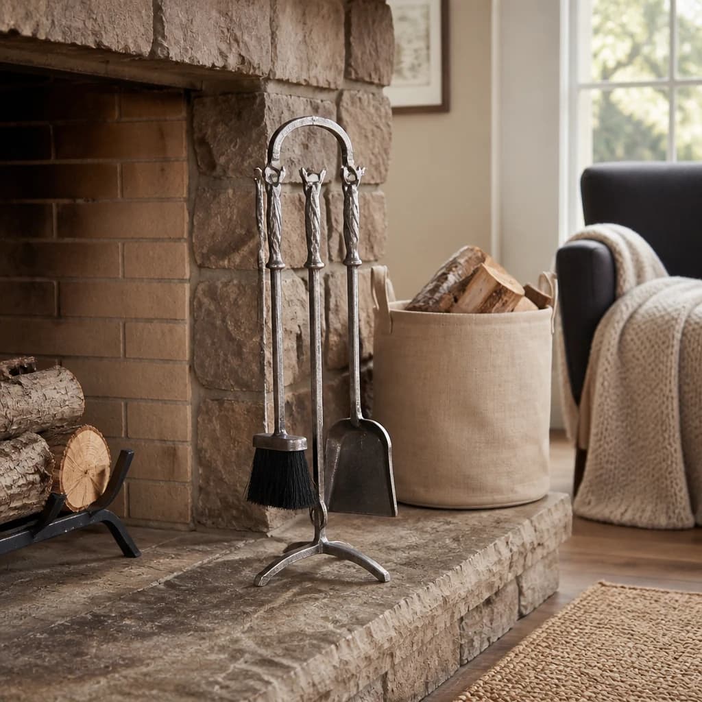 Silver Brushed Steel Crook Top Hearth Tidy Set - Decorative, photo 1 of 3