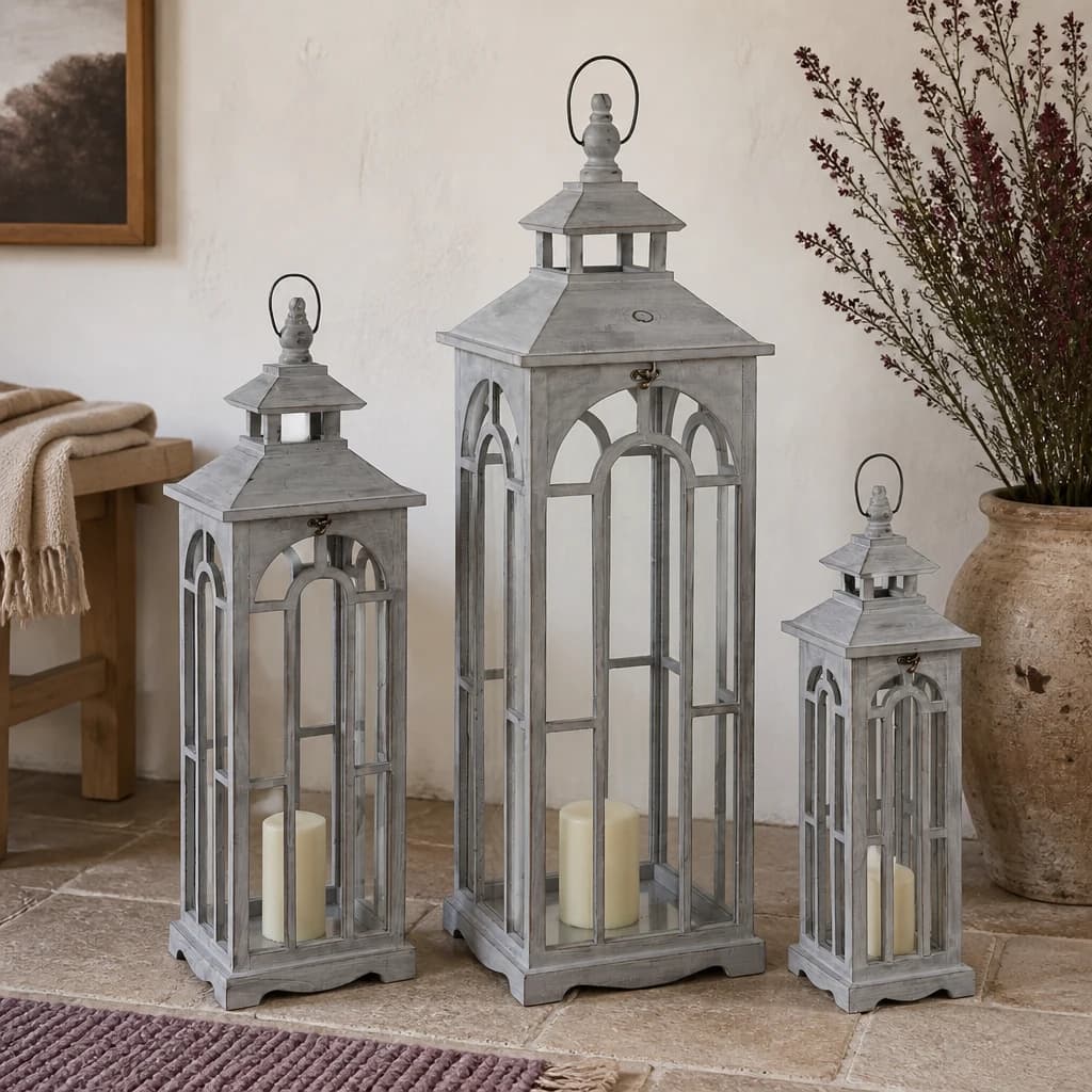 Set Of Three Wooden Lanterns With Archway Design