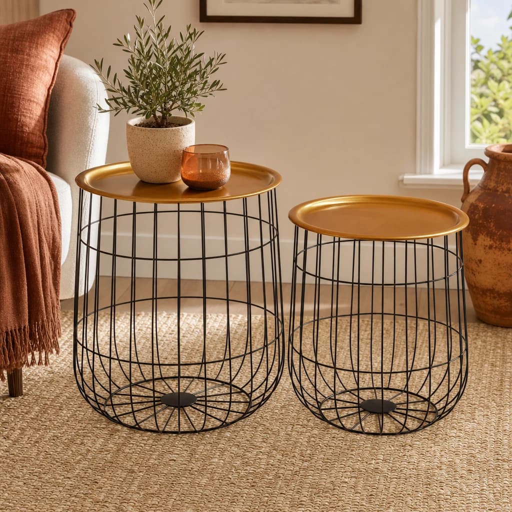 Hege Set Of 2 Brass Finish Top and Black Wire Side Tables - Tables, photo 1 of 3