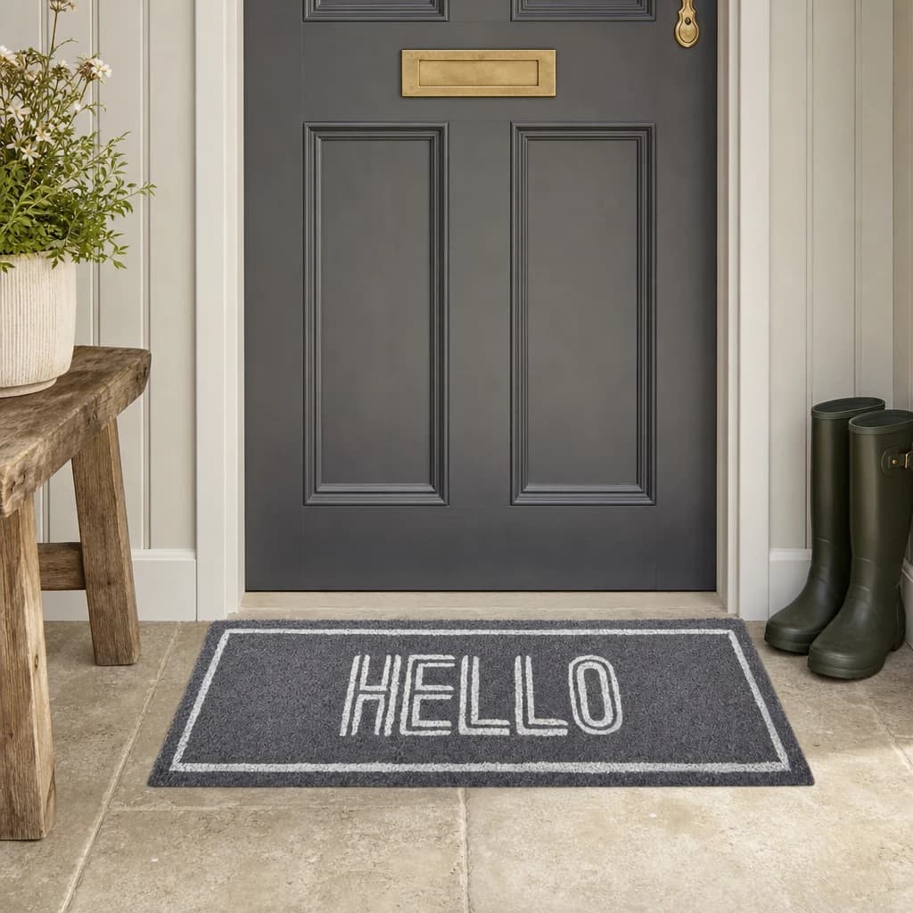 Filta Hello Grey And White Rectangular Coir Doormat - Decorative, photo 1 of 4