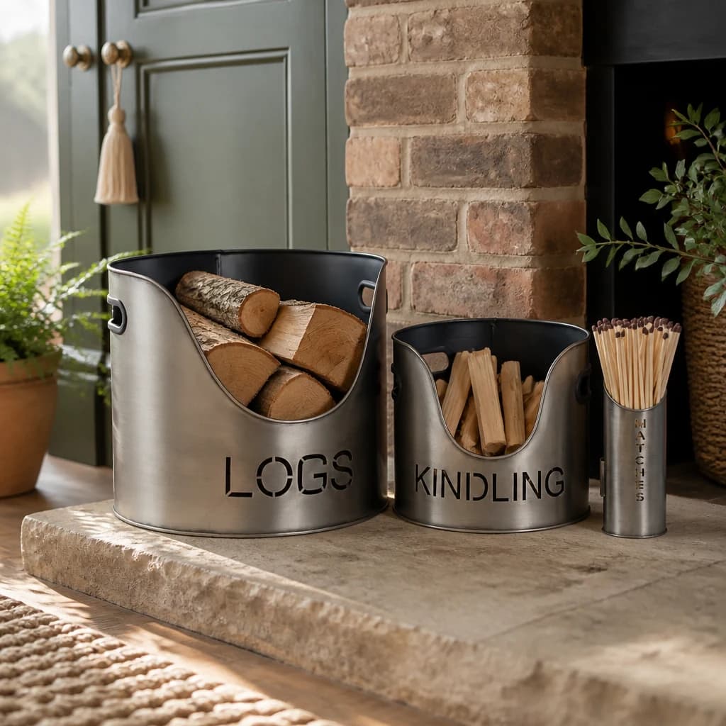 Pewter Finish Logs And Kindling Buckets & Matchstick Holder