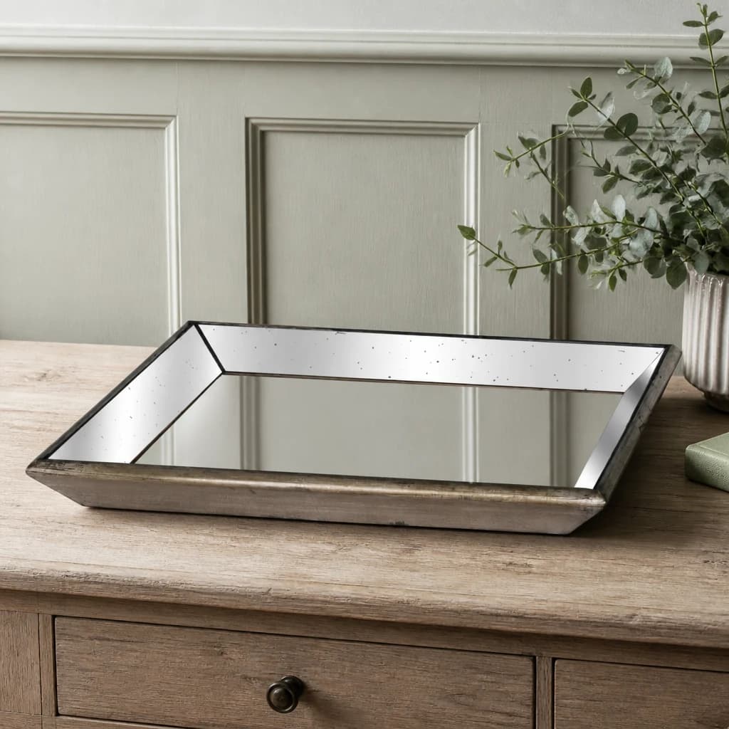 Astor Distressed Mirrored Square Tray W/Wooden Detailing Lge