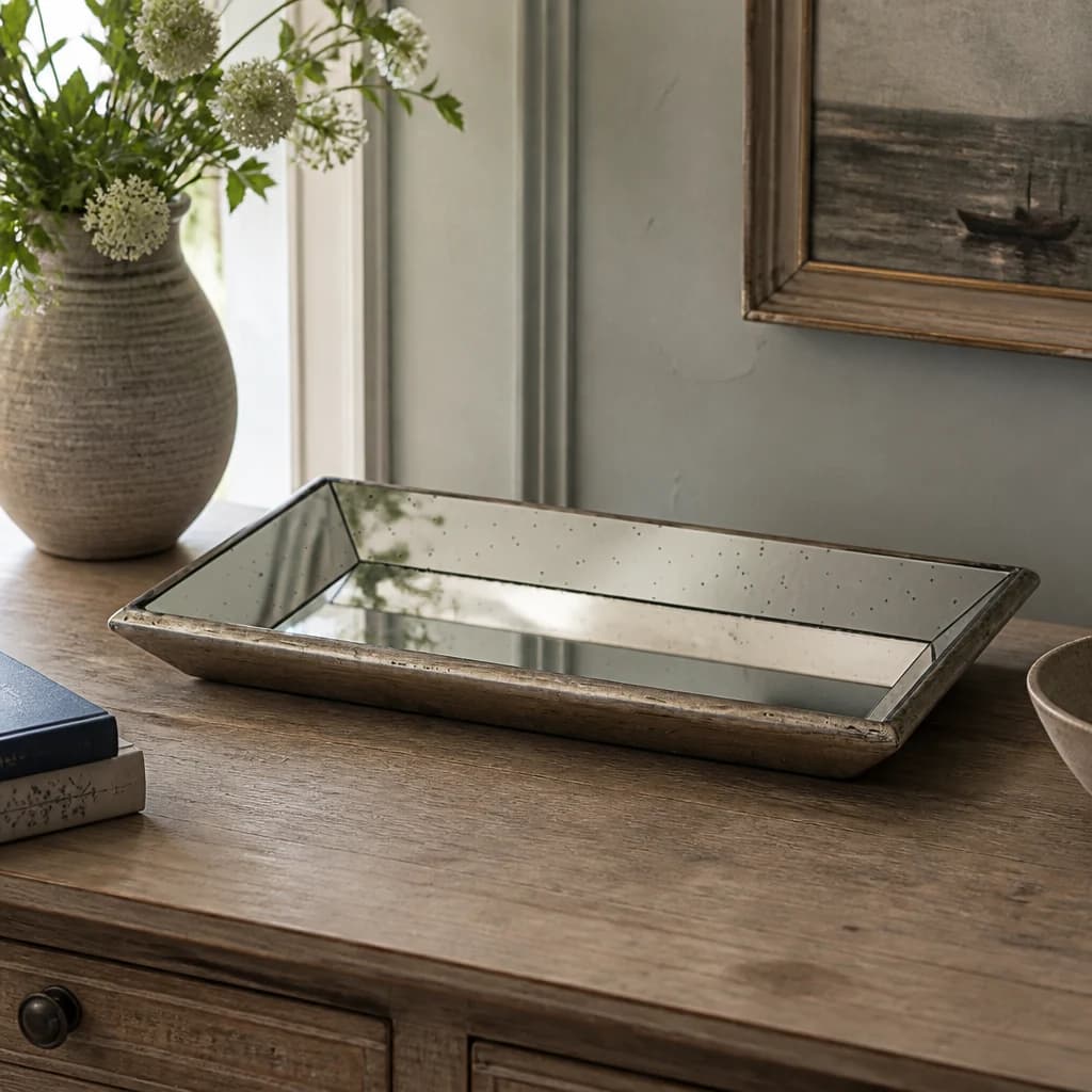 Astor Distressed Mirrored Tray With Wooden Detailing