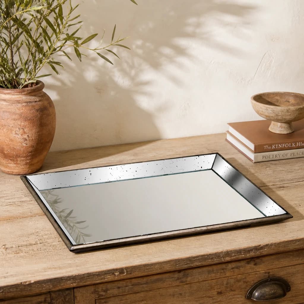 Astor Distressed Large Mirrored Tray With Wooden Detailing