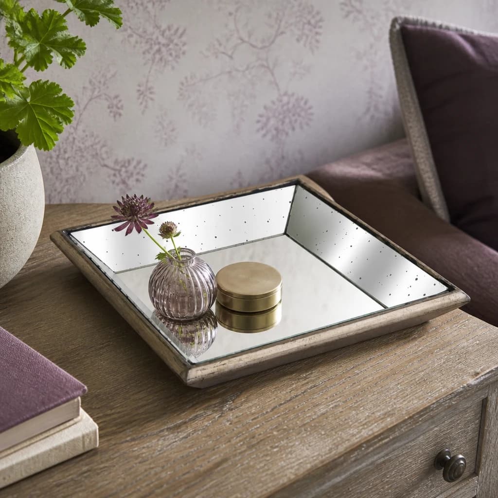 Astor Distressed Mirrored Square Tray W/Wooden Detailing Sml