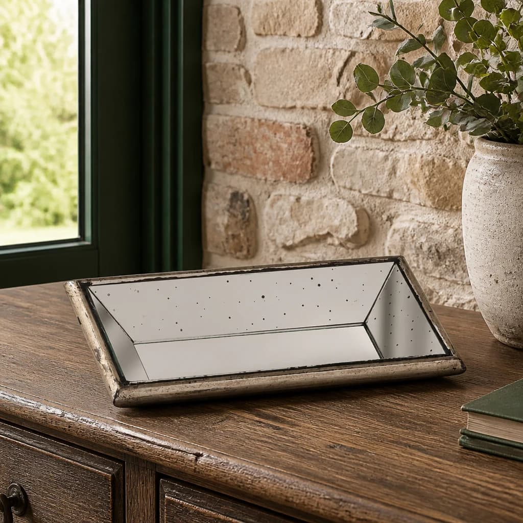 Astor Distressed Mirrored Display Tray With Wooden Detailing