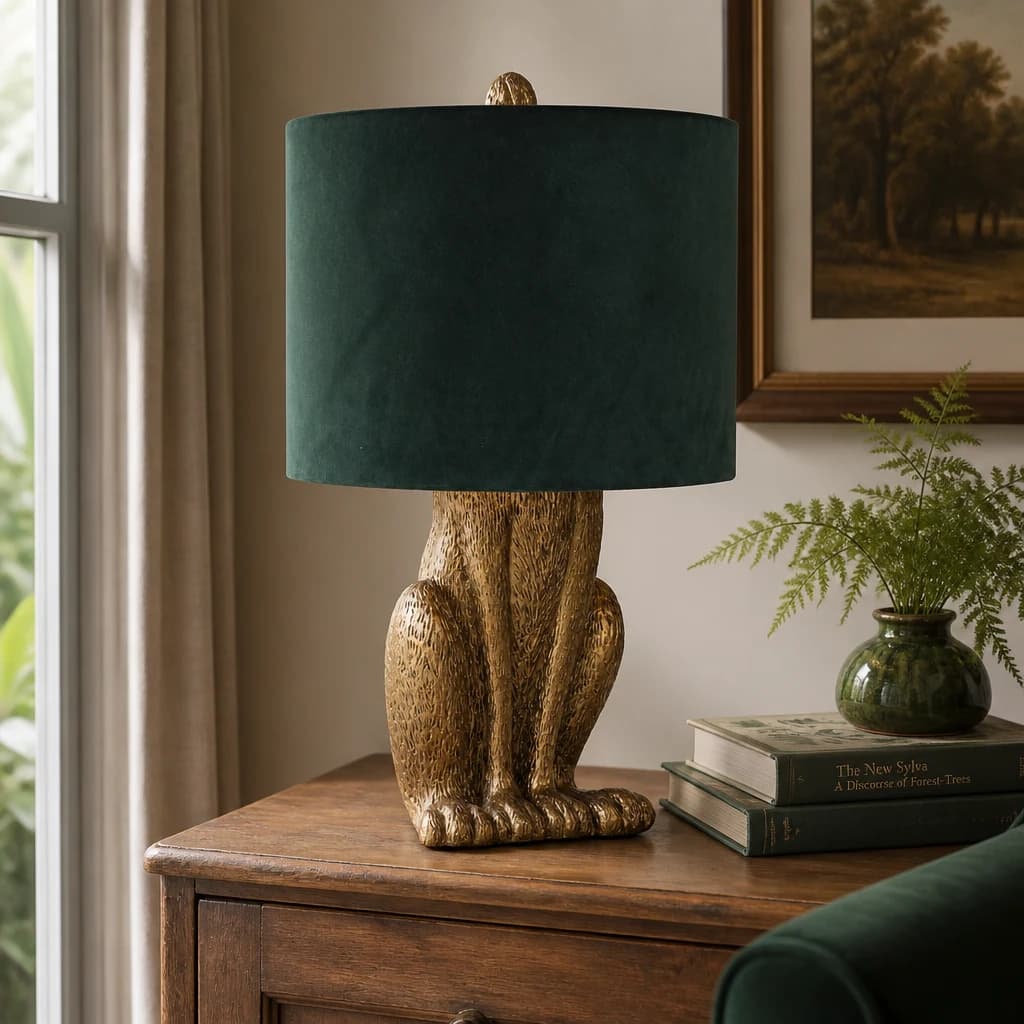 Antique Gold Hare Table Lamp With Green Velvet Shade - Table lamps, photo 1 of 6