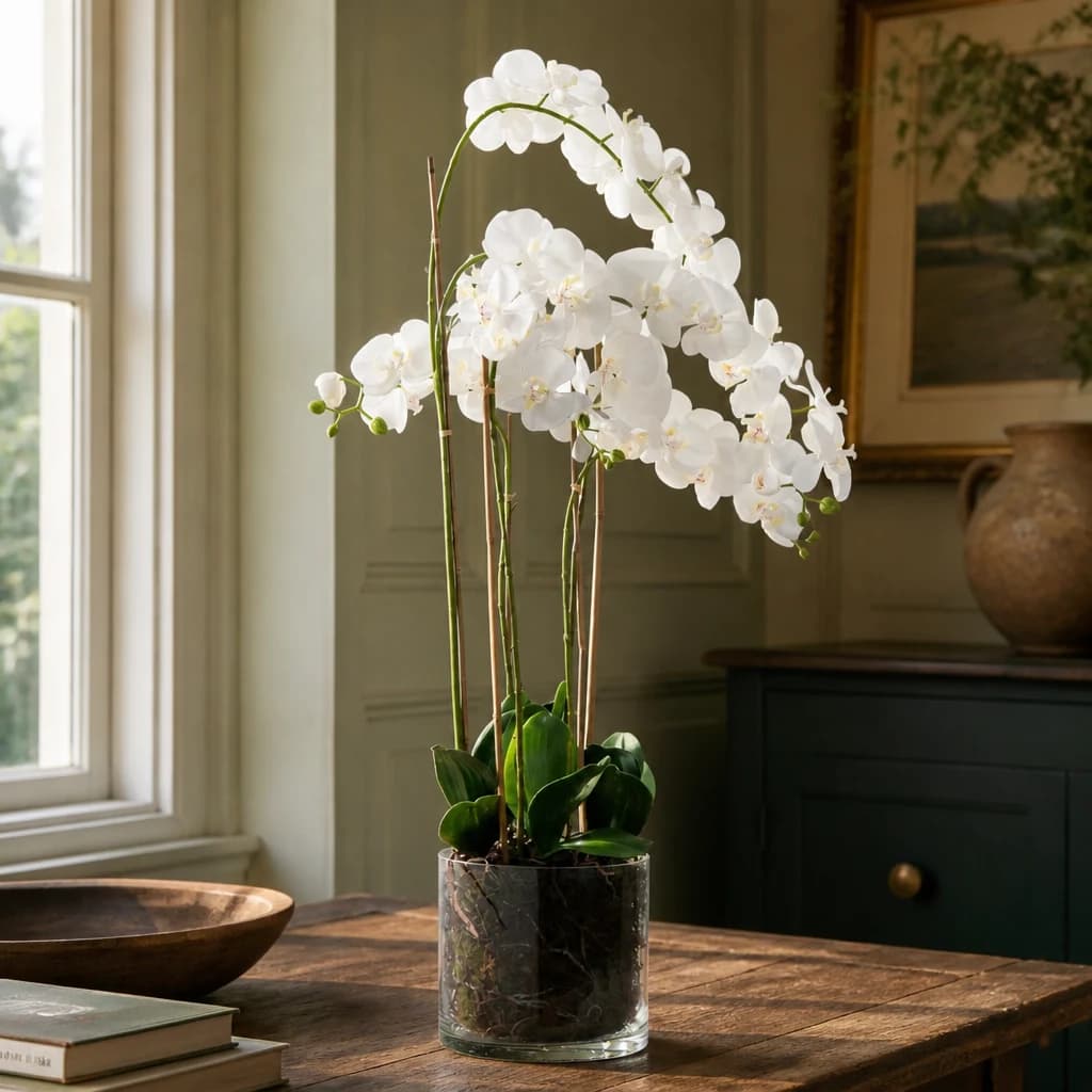 Large White Tall Orchid In Glass Pot - Decorative, photo 1 of 3