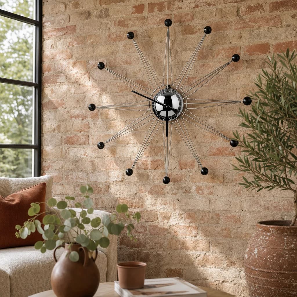 Zizzi 50cm Dia Metal and Black Balls Wall Clock - Decorative, photo 1 of 2