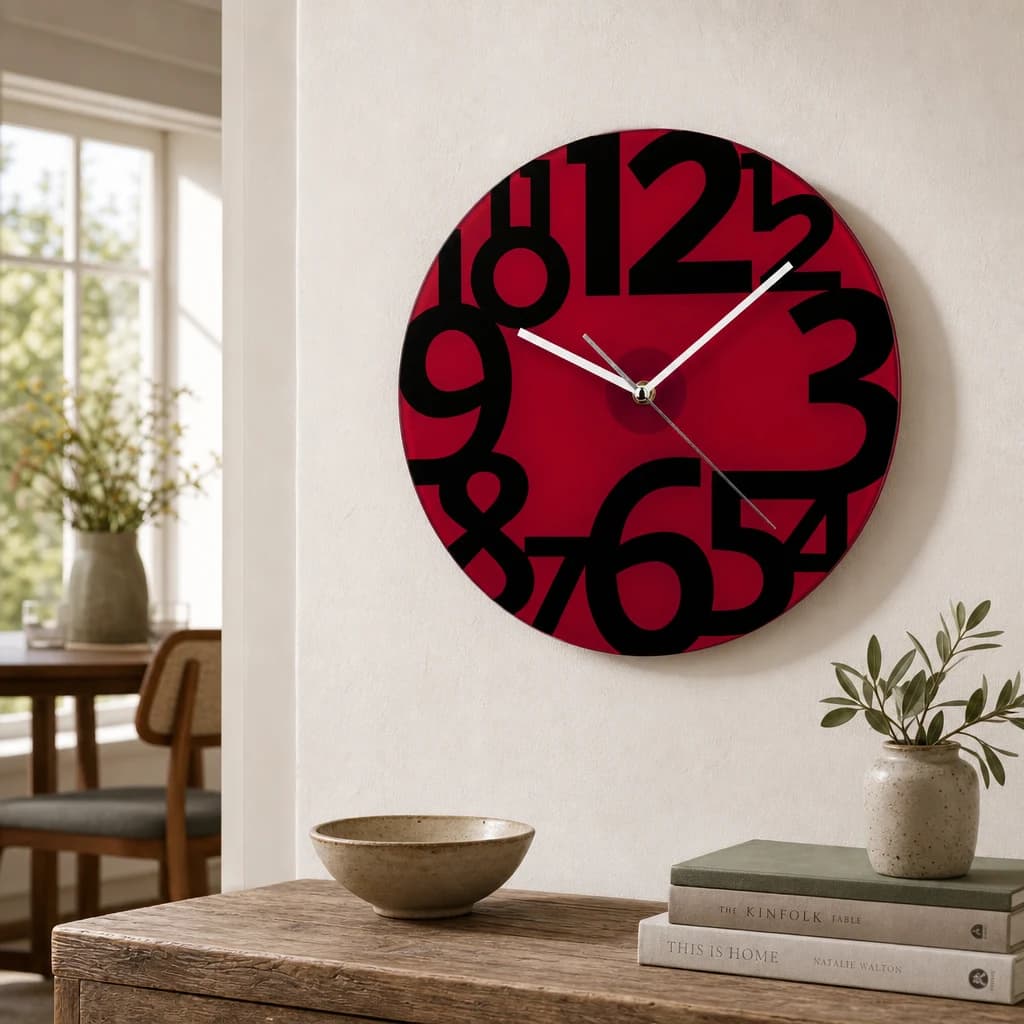 Tortora Red Glass and Black Numbers Wall Clock - Decorative, photo 1 of 2