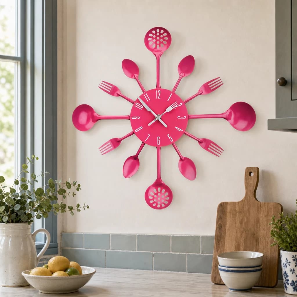 Romero 33cm Dia Hot Pink Cutlery Metal Wall Clock - Decorative, photo 1 of 2