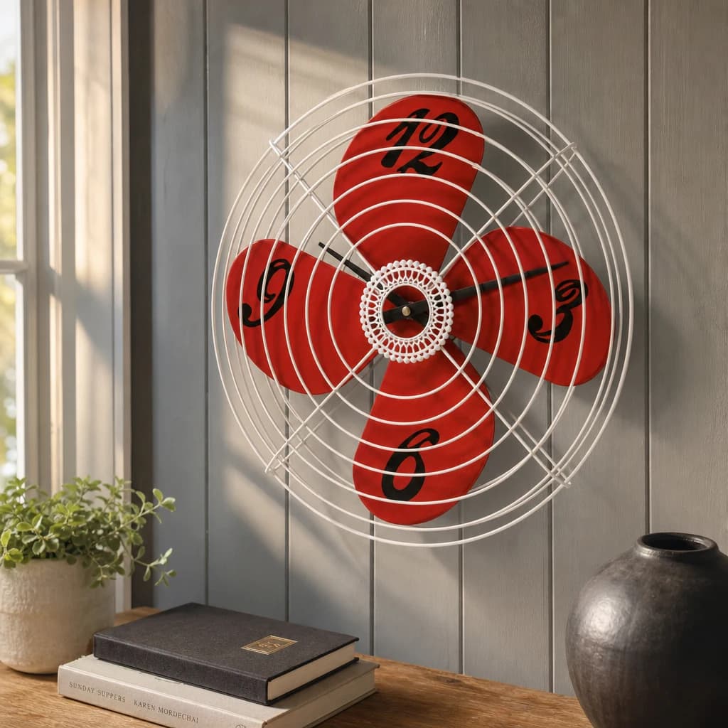Misam 38cm Dia Red Retro Fan Design Wall Clock - Decorative, photo 1 of 2