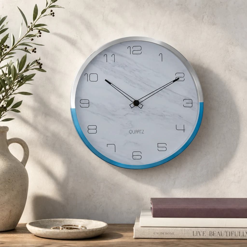 Elko 30cm Dia Wall Clock with Silver and Blue Frame - Decorative, photo 1 of 3