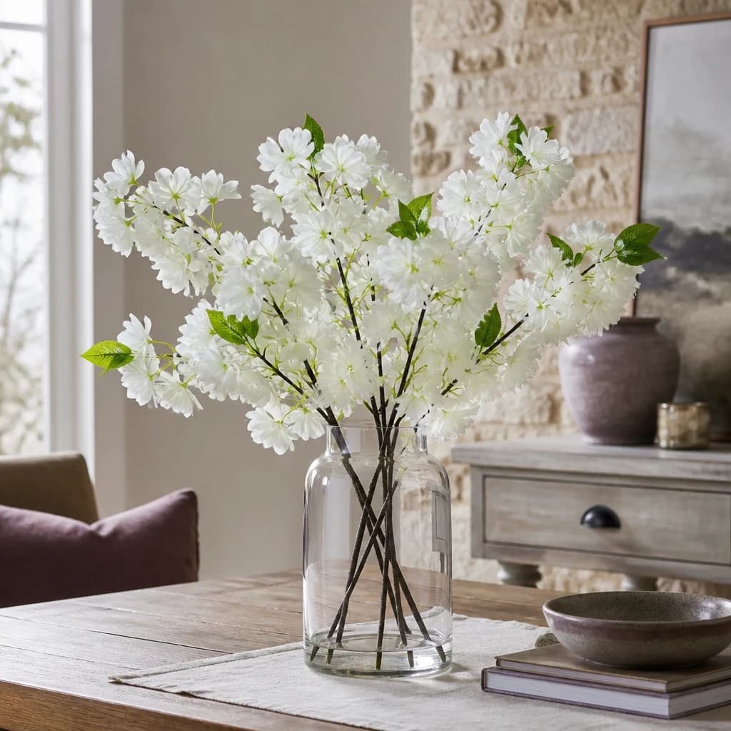 Large White Full Cherry Blossom Stem — Pack of 5 - Artificial plants & flowers, photo 1 of 5