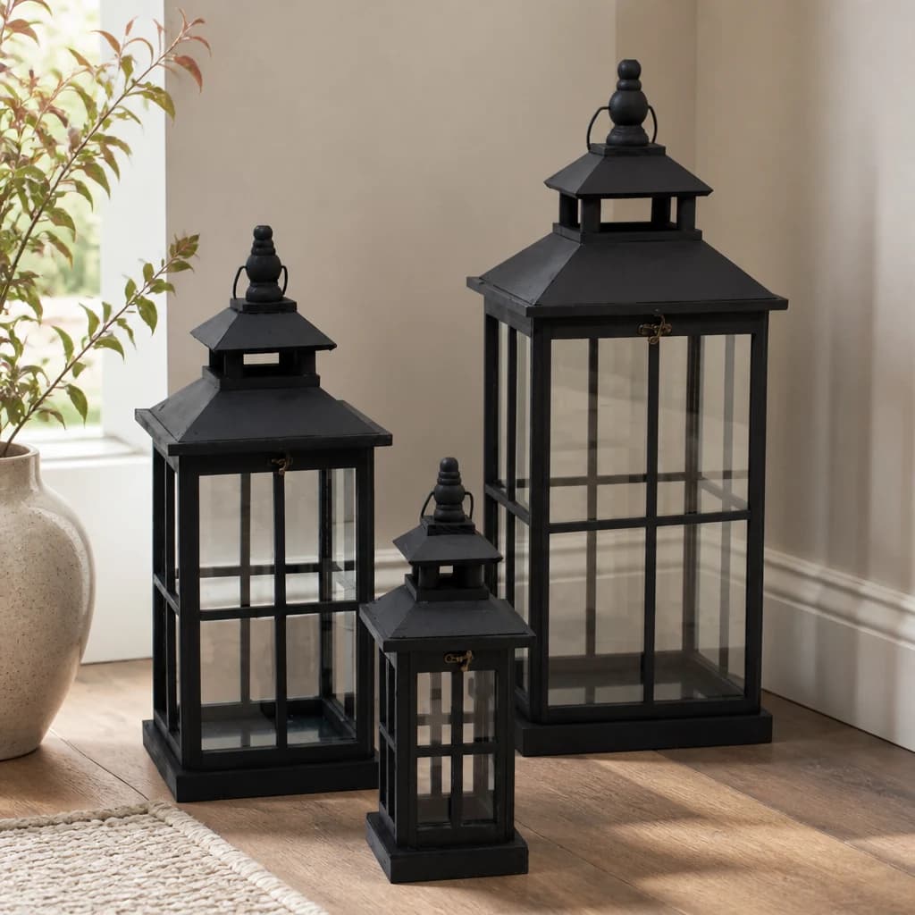 Set Of 3 Black Window Style Lanterns With Open Top - Lanterns