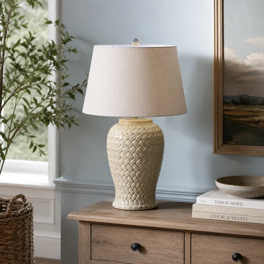 Woven Ceramic Table Lamp With Linen Shade - Table lamps, photo 1 of 5