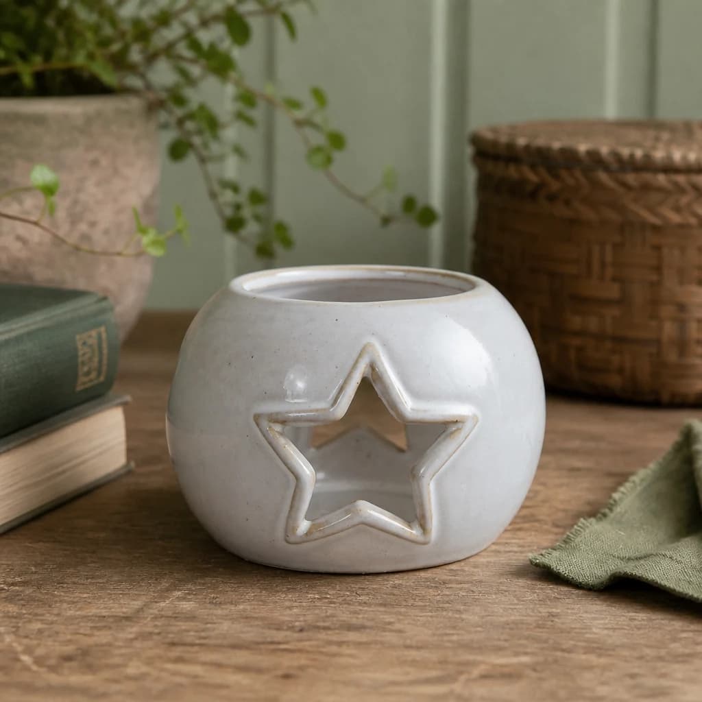 White Ceramic Star Cut-Out Round Tealight Holder - Candles, photo 1 of 2