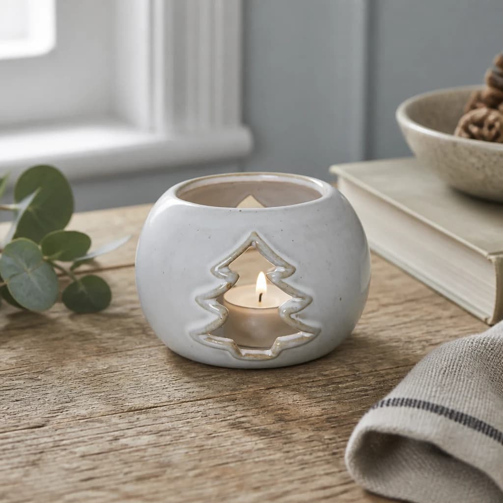 White Ceramic Tree Cut-Out Round Tealight Holder - Table lamps, photo 1 of 2