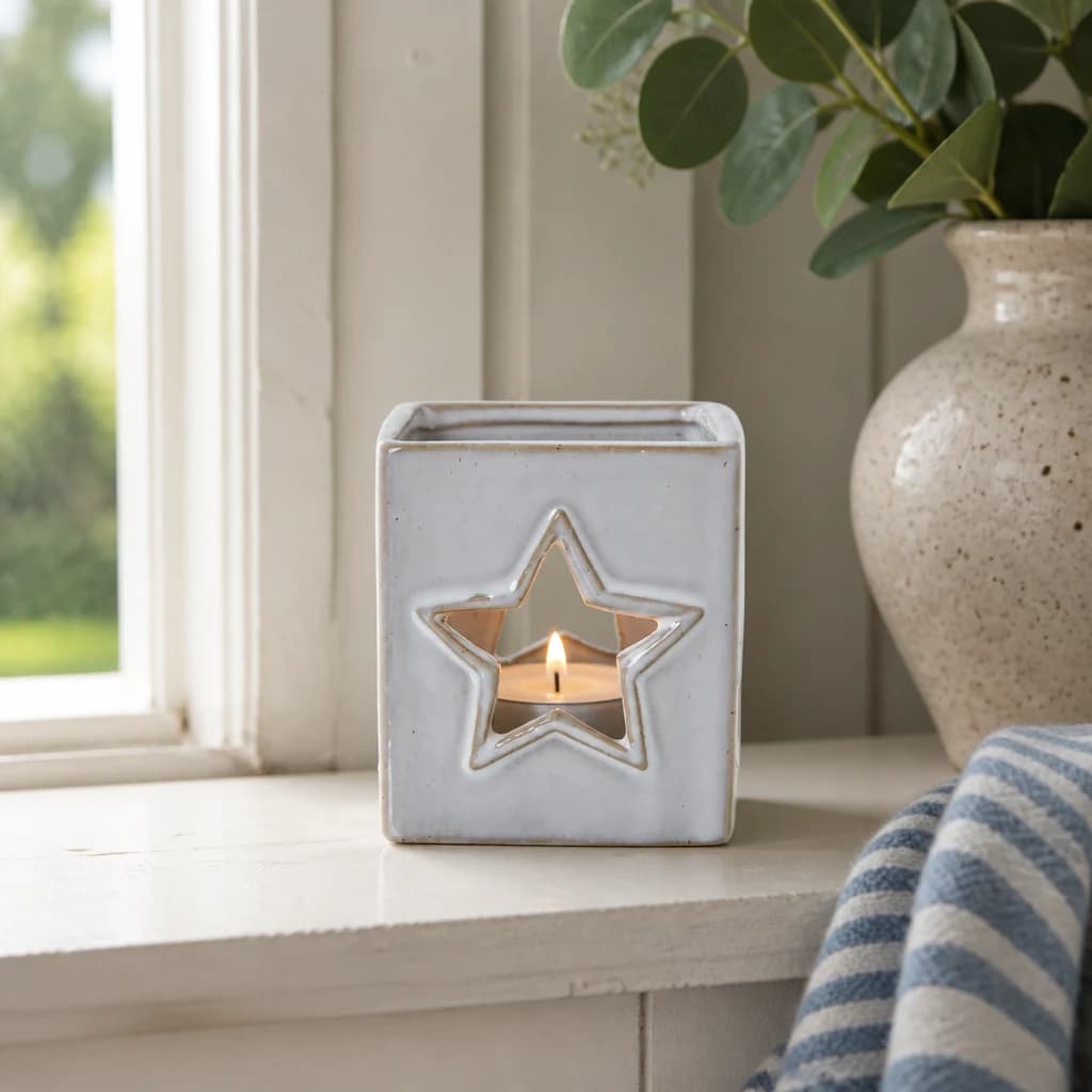 White Ceramic Star Cut-Out Square Tealight Holder