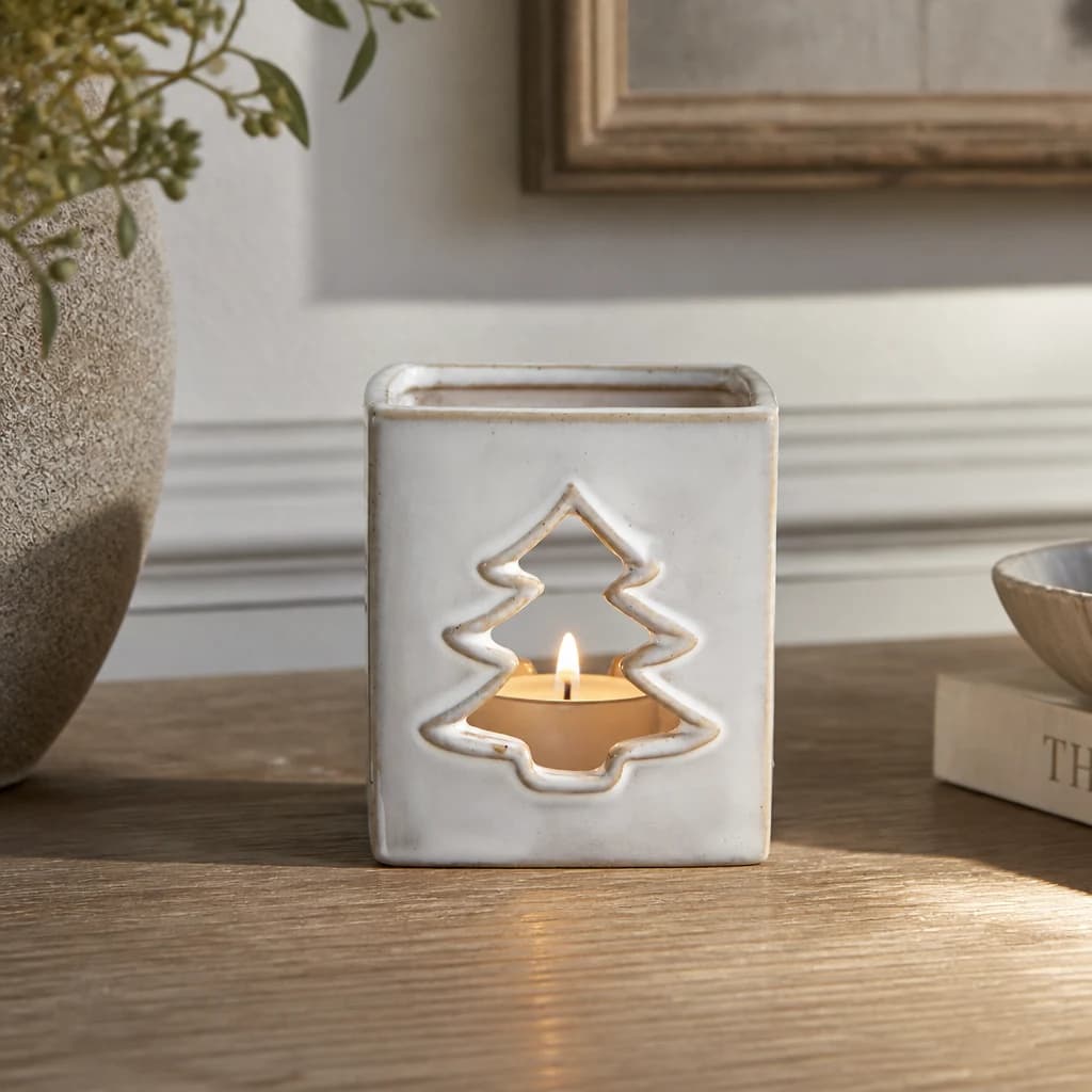 White Ceramic Tree Cut-Out Square Tealight Holder - Candles, photo 1 of 3
