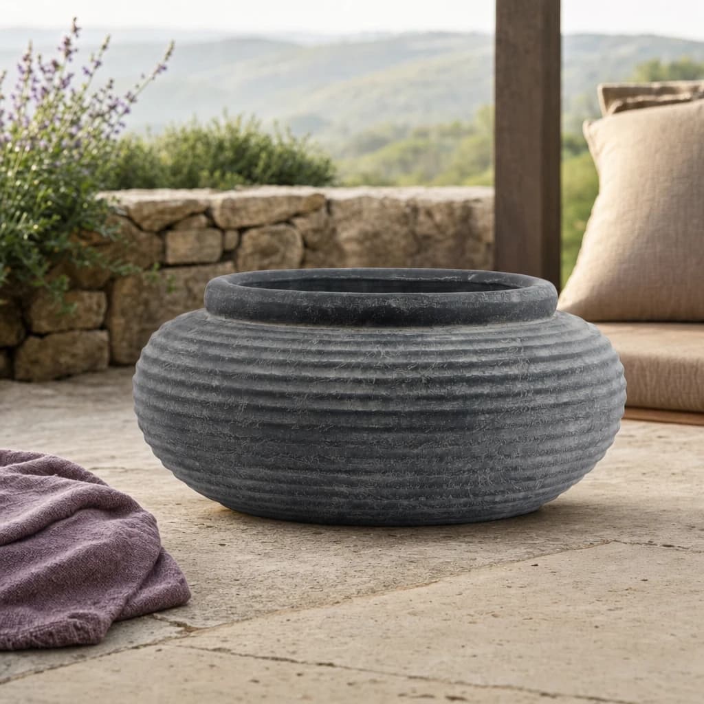 Amalfi Grey Round Ribbed Planter