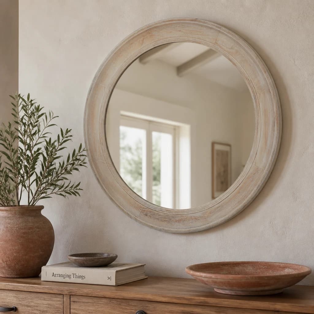 Washed Wood Round Framed Mirror