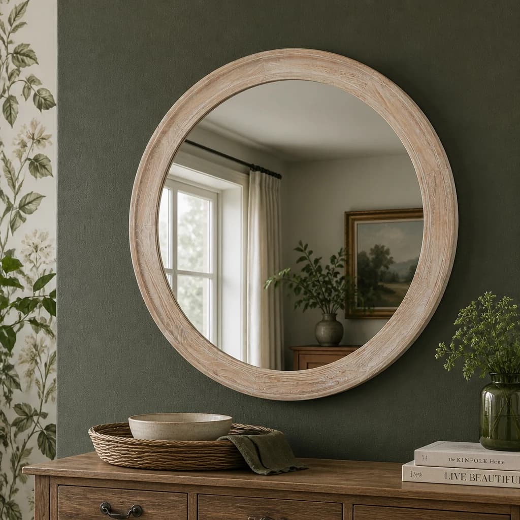 Washed Wood Round Framed Large Mirror