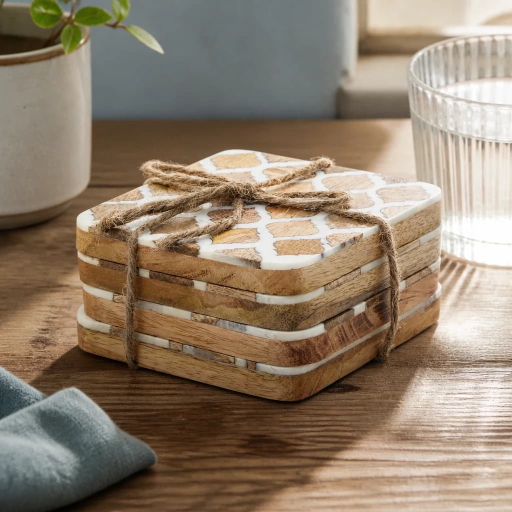 Set Of 4 Wood Effect White Geometric Coasters - Decorative, photo 1 of 2