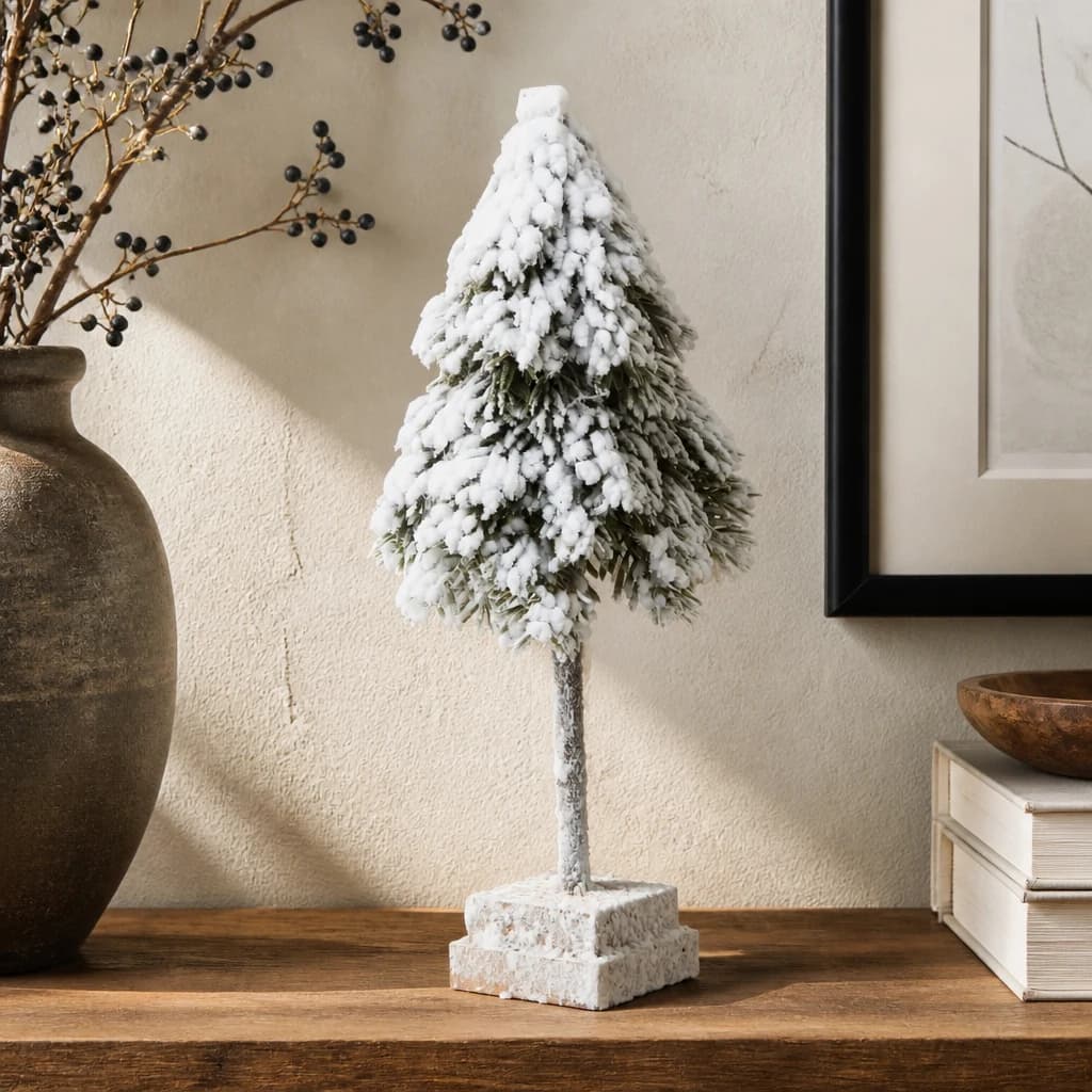 Small Snowy Cedar Tree On Wood Block - Sculptures & ornaments, photo 1 of 3