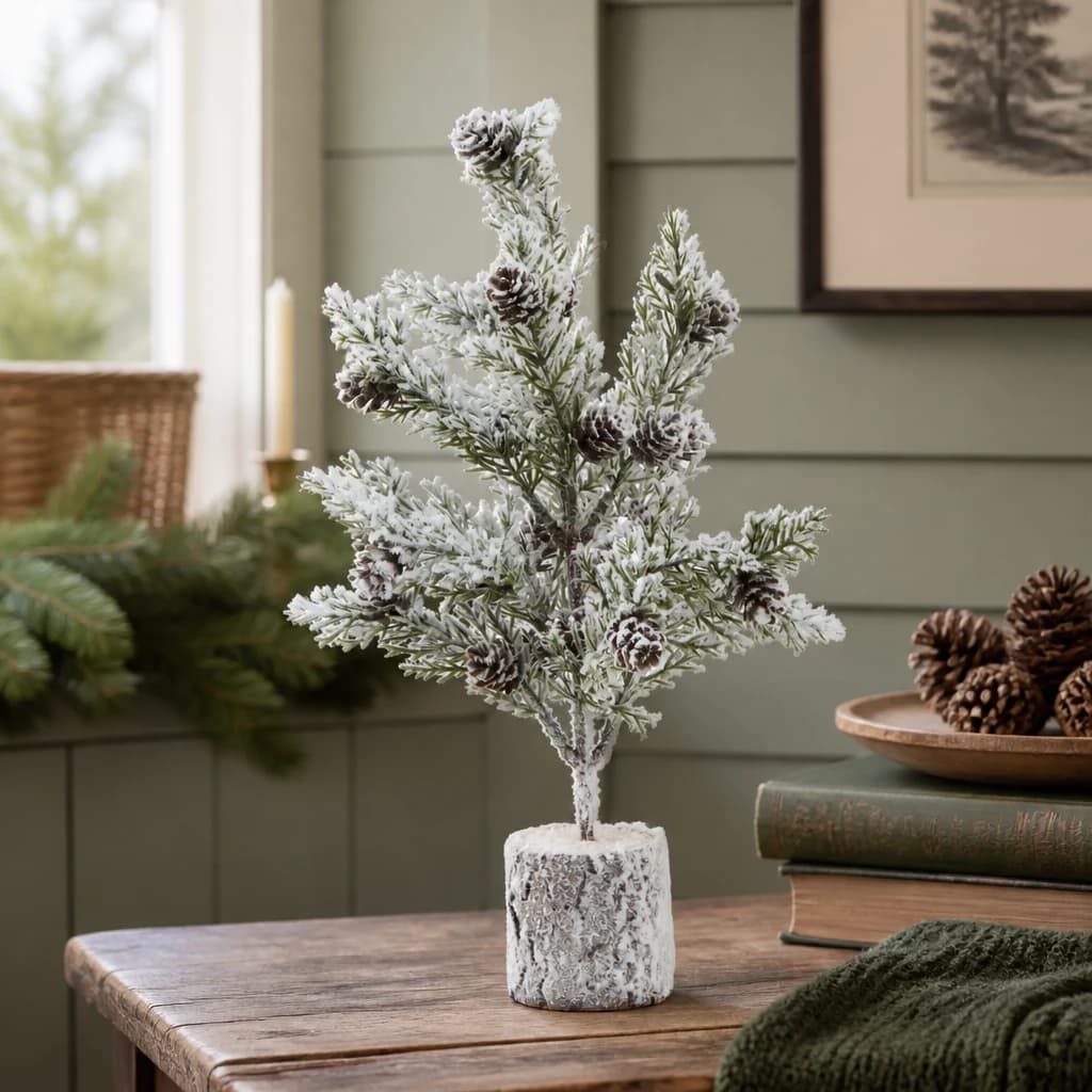 Small Snowy Fir Tree With Pinecones In Wood Log - Sculptures & ornaments, photo 1 of 3