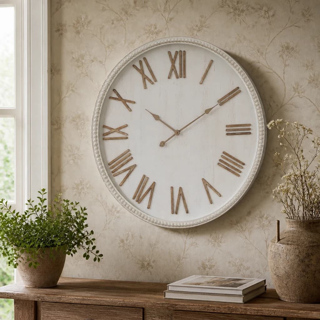 Large Rustic White Clock With Beaded Frame