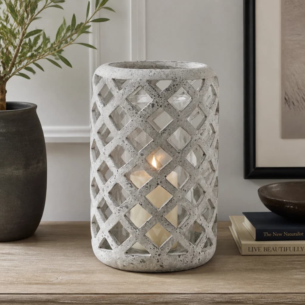 Large Grey Stone Effect Hurricane Lantern - Lanterns, photo 1 of 4