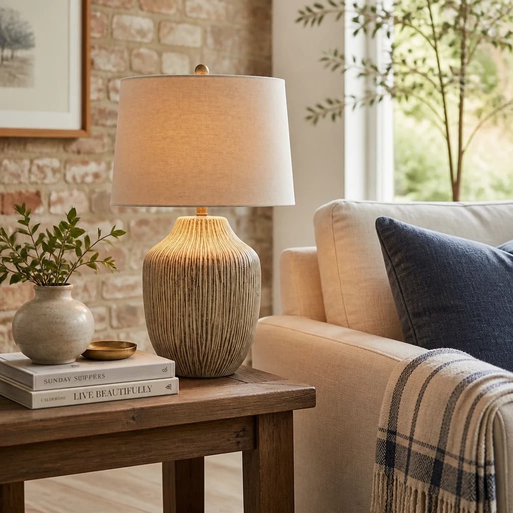 Ochre Carved Textured Table Lamp With Linen Shade - Table lamps, photo 1 of 5
