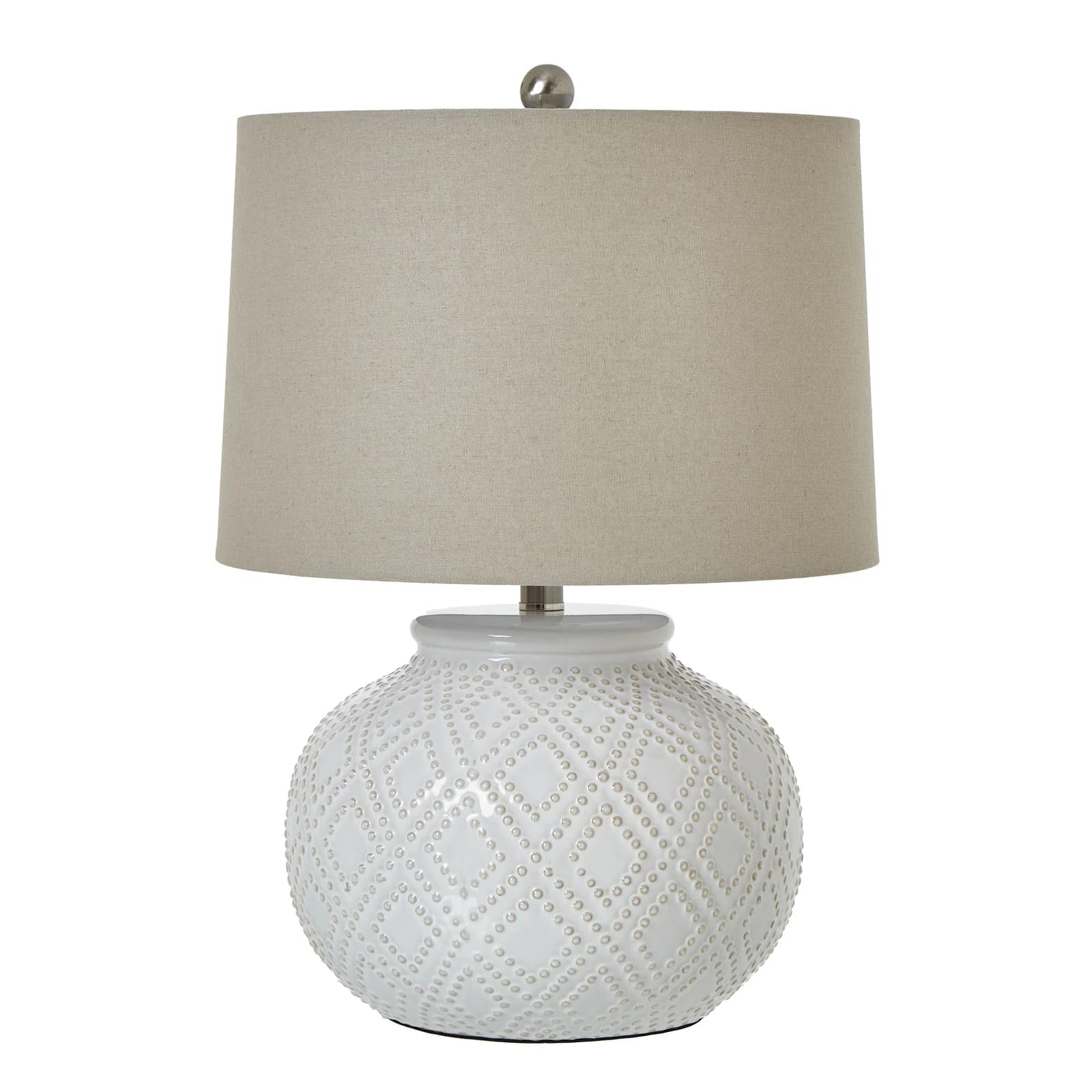 Squat White Beaded Ceramic Lamp With Linen Shade - Table lamps, photo 2 of 5