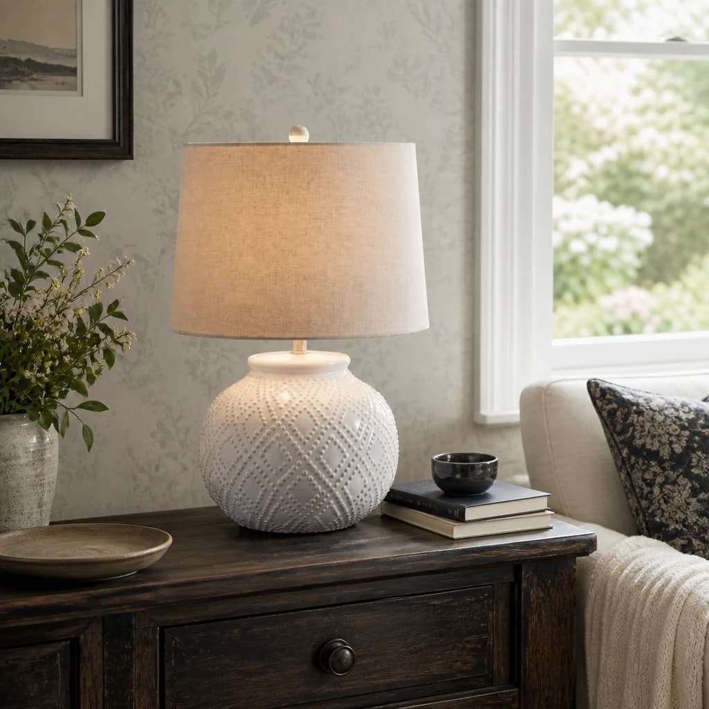 Squat White Beaded Ceramic Lamp With Linen Shade - Table lamps, photo 1 of 5