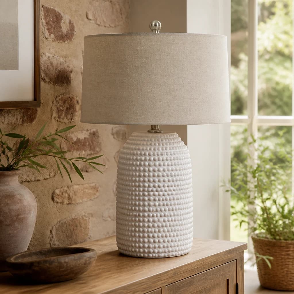 White Beaded Ceramic Lamp With Linen Shade - Table lamps, photo 1 of 5
