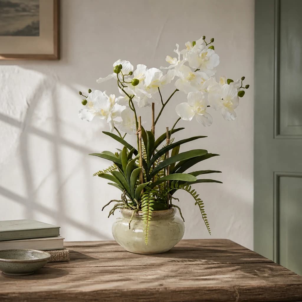 White Vanda Orchid Plant In Ceramic Pot