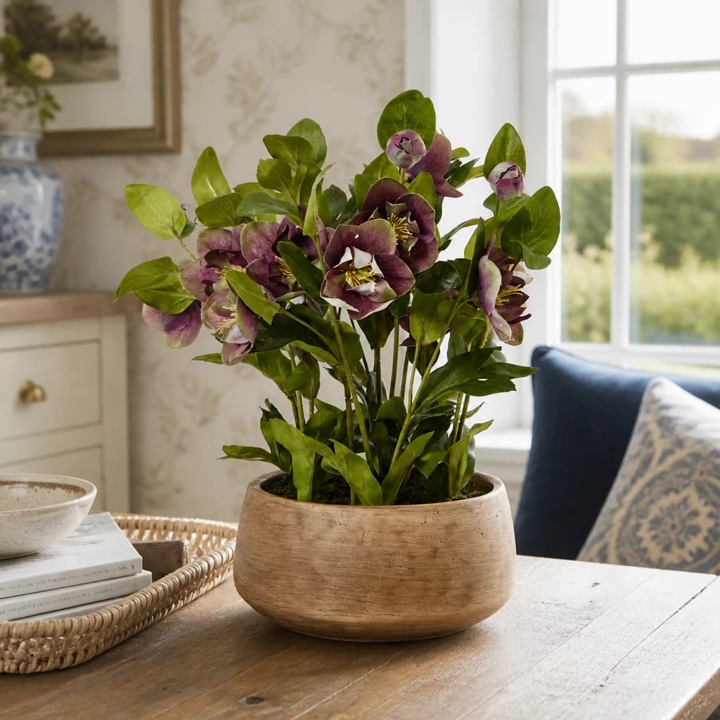 Deep Plum Hellebore Plant In Taupe Pot - Artificial plants & flowers, photo 1 of 5