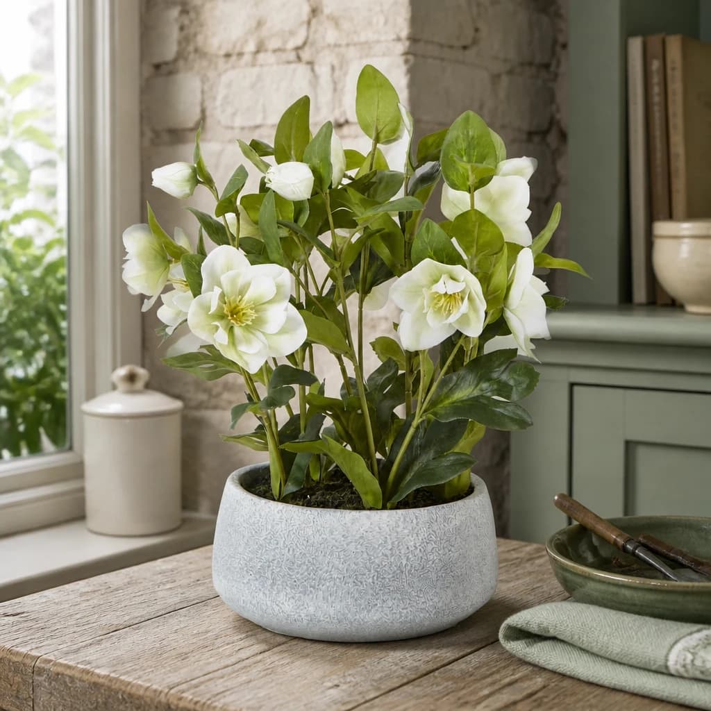 White Hellebore Plant In Grey Pot - Artificial plants & flowers, photo 1 of 5