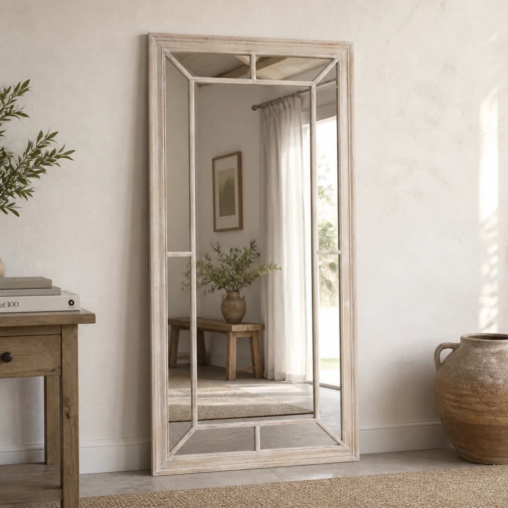 Large Washed Wood Framed Window Mirror